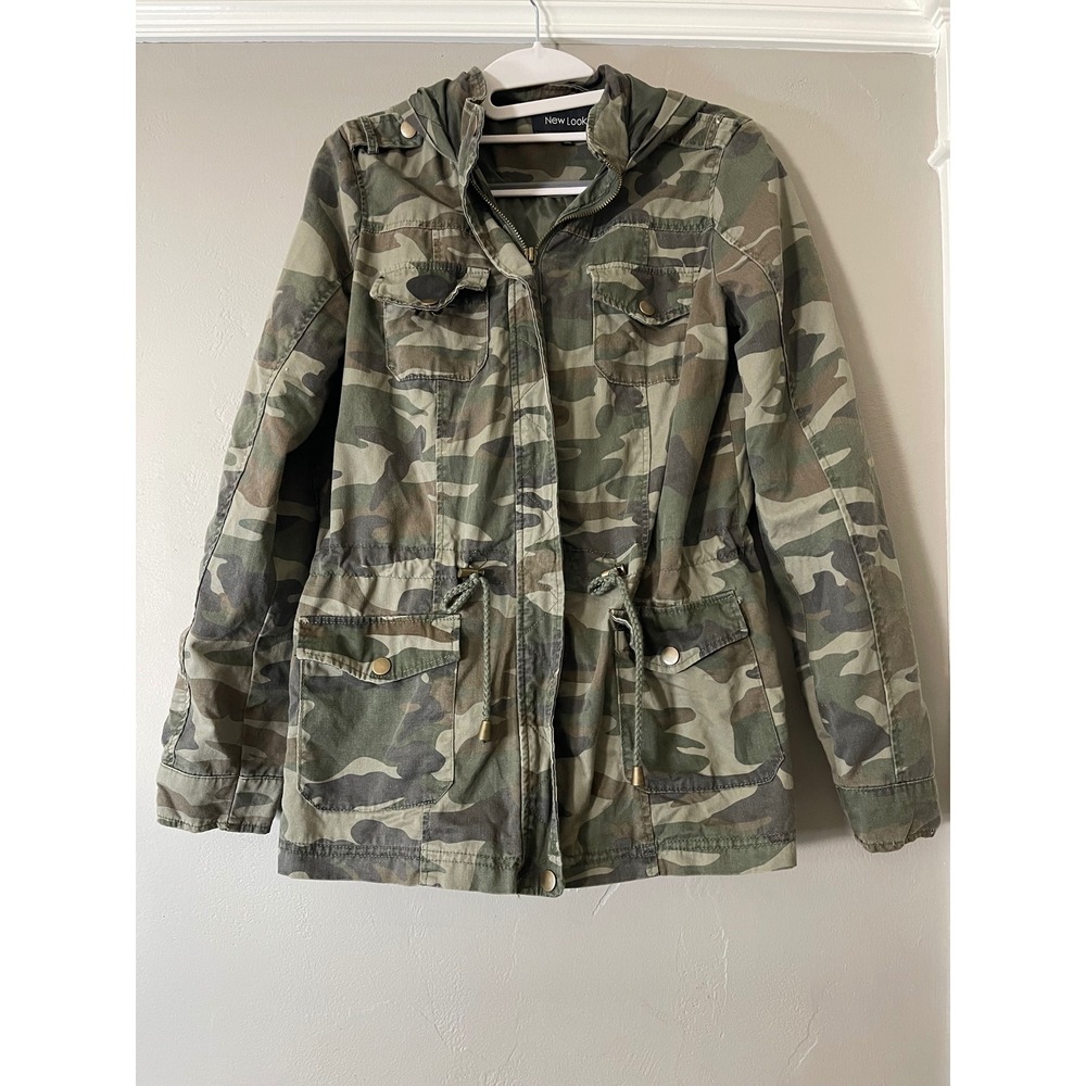 New Look Womens Camo Utility Jacket Green Camouflage Hooded Military Parka Small